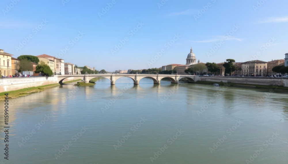 Scenic river view with bridge and buildings under clear sky. Scenic river view with bridge and buildings under clear sky.