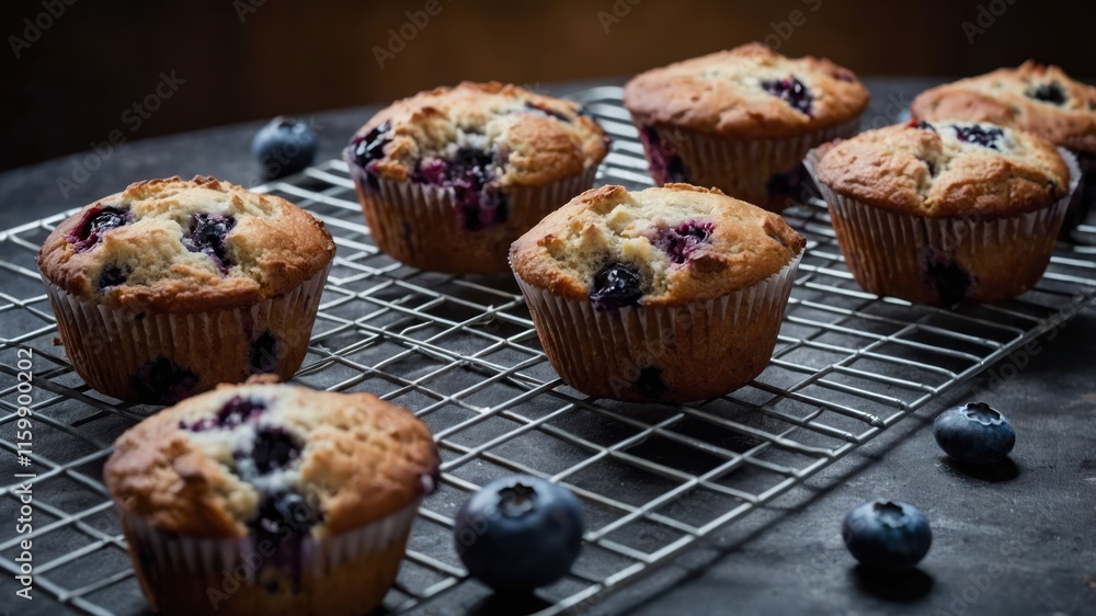 Freshly baked blueberry muffins cooling on a wire rack, ready to be enjoyed. Freshly baked blueberry muffins cooling on a wire rack, ready to be enjoyed.