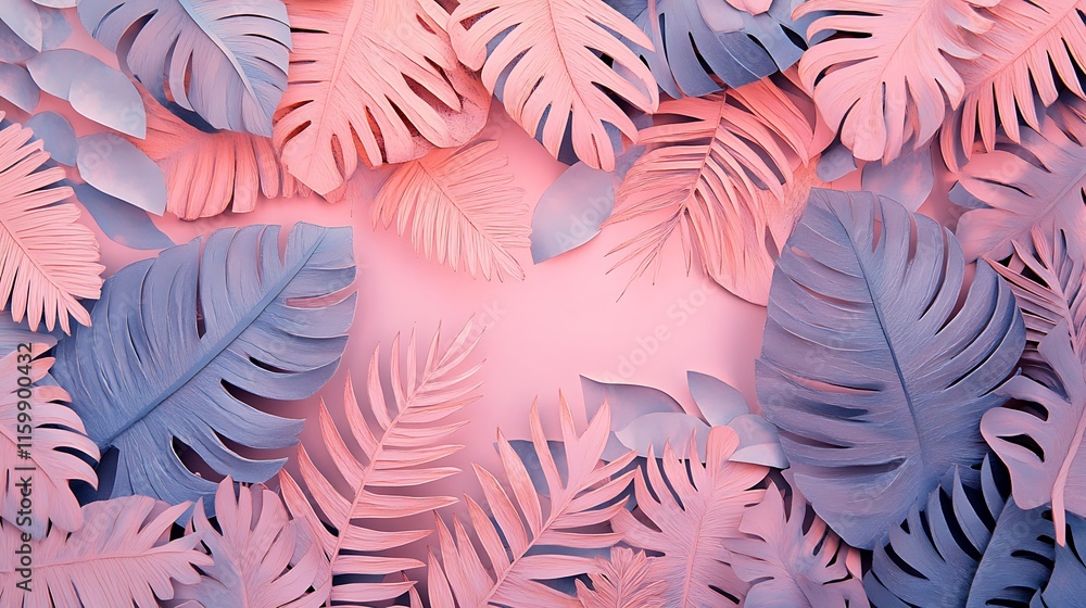 Naklejka premium Paper cut out tropical leaves on a pink background. Tropical leaves, paper cut foliage pastel pink background plant in green color with copy space ,foliage plant in blue color with space background,