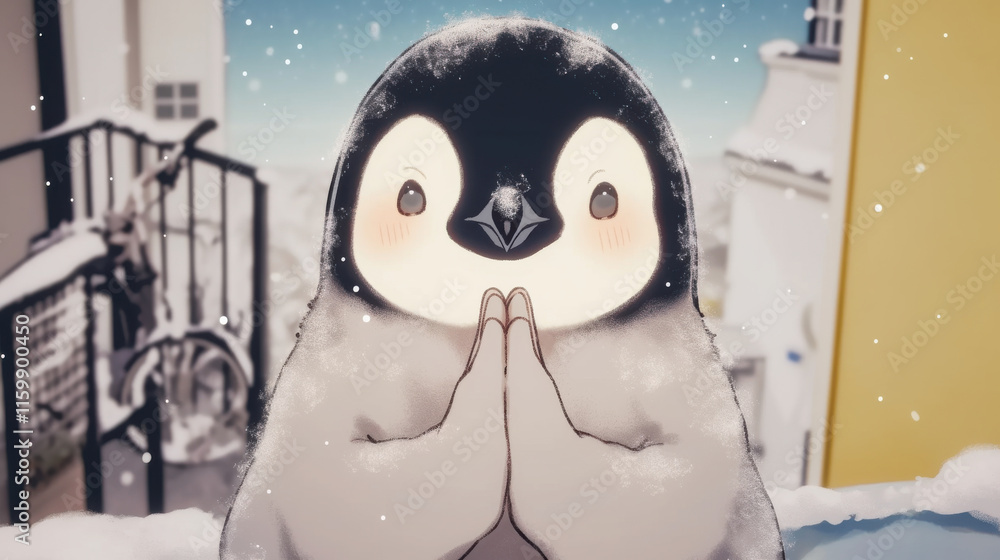 Obraz premium cute penguin in praying pose stands near icy pond under falling snowflakes