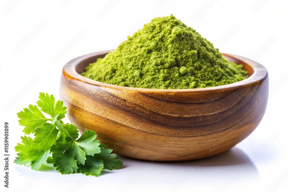 Coriander Powder in Wooden Bowl - Worm's Eye View Stock Photo Coriander Powder in Wooden Bowl - Worm's Eye View Stock Photo