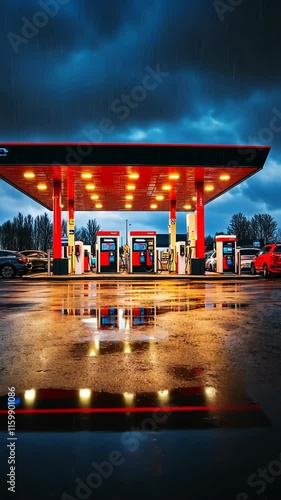 Evening gas station illuminated by lights under dark stormy sky with rain reflections on the ground