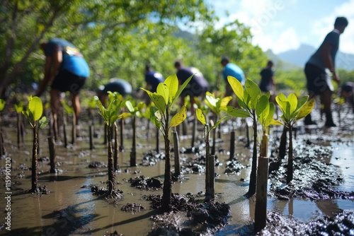 Volunteers planting young mangrove trees in a coastal wetland.  A conservation effort to restore the ecosystem.