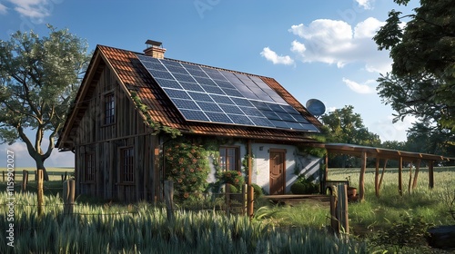 A cozy wooden house with solar panels on the roof, surrounded by a vibrant meadow of yellow and blue flowers under a bright, clear sky.