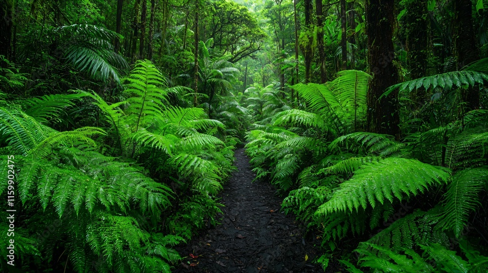 Fototapeta premium Exploring lush green pathways tropical rainforest nature photography dense foliage eye-level perspective serenity in nature