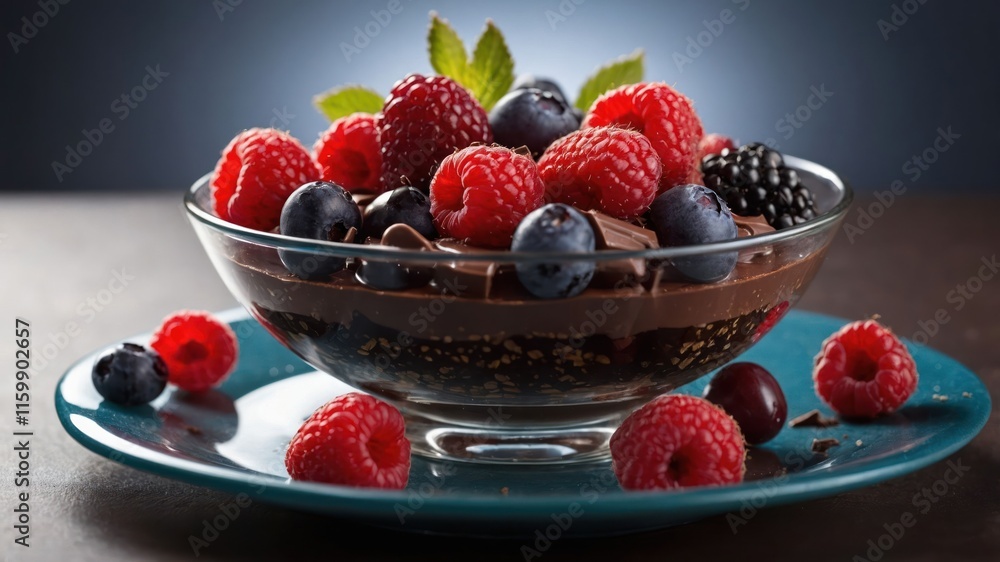 A delicious dessert featuring chocolate mousse topped with fresh berries and mint. A delicious dessert featuring chocolate mousse topped with fresh berries and mint.