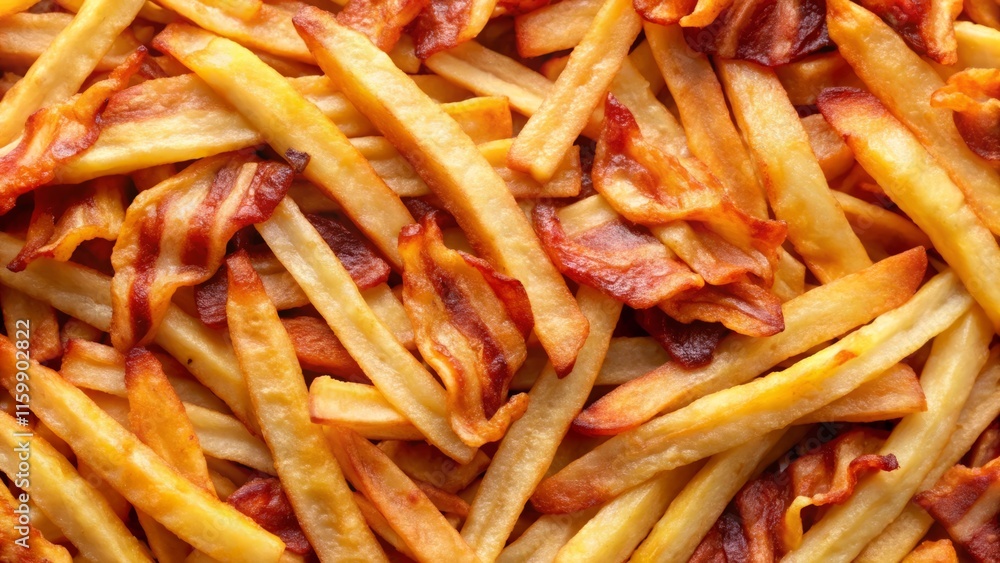 Crispy Bacon French Fries Overhead Shot - Bird's Eye View Food Photography Crispy Bacon French Fries Overhead Shot - Bird's Eye View Food Photography