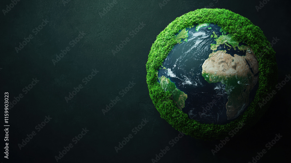 Environmental consideration. A green earth globe surrounded by lush foliage on a dark background. Environmental consideration. A green earth globe surrounded by lush foliage on a dark background.