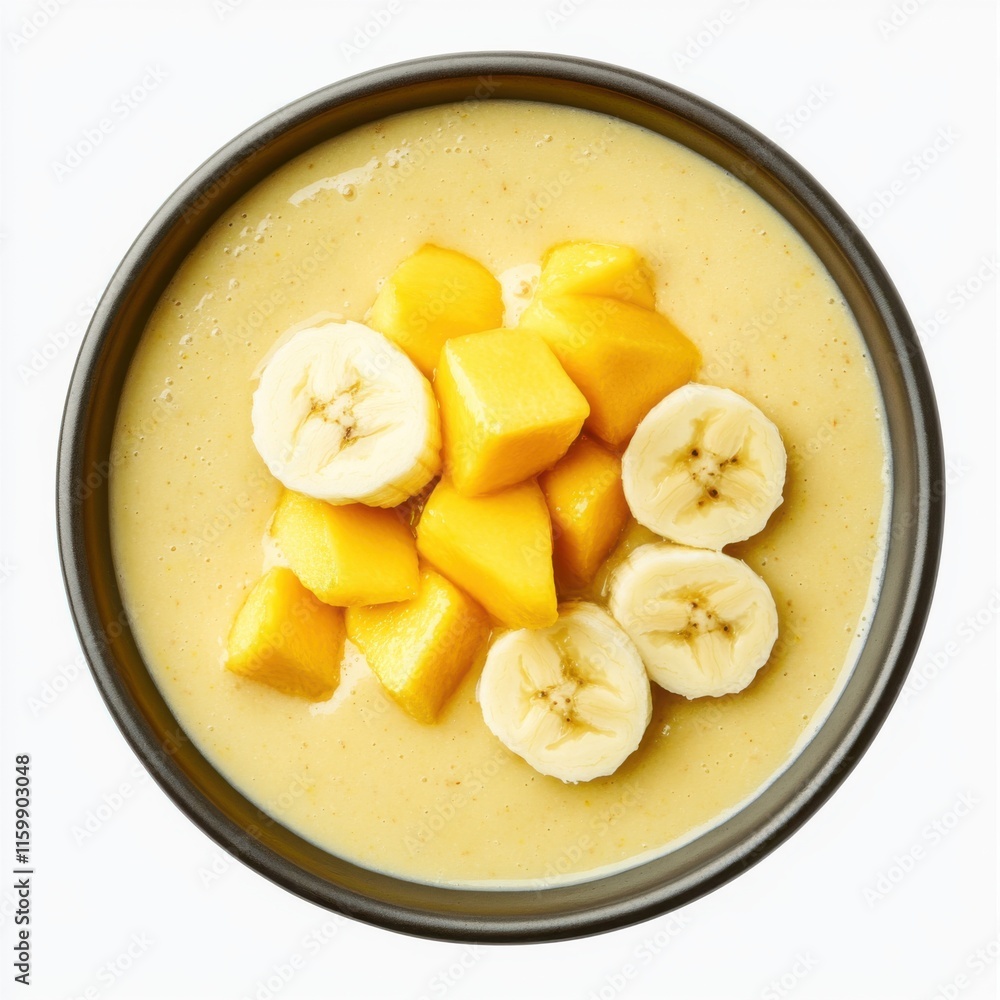 Sweet fruit smoothie in a bowl. Featuring bananas and mango Sweet fruit smoothie in a bowl. Featuring bananas and mango