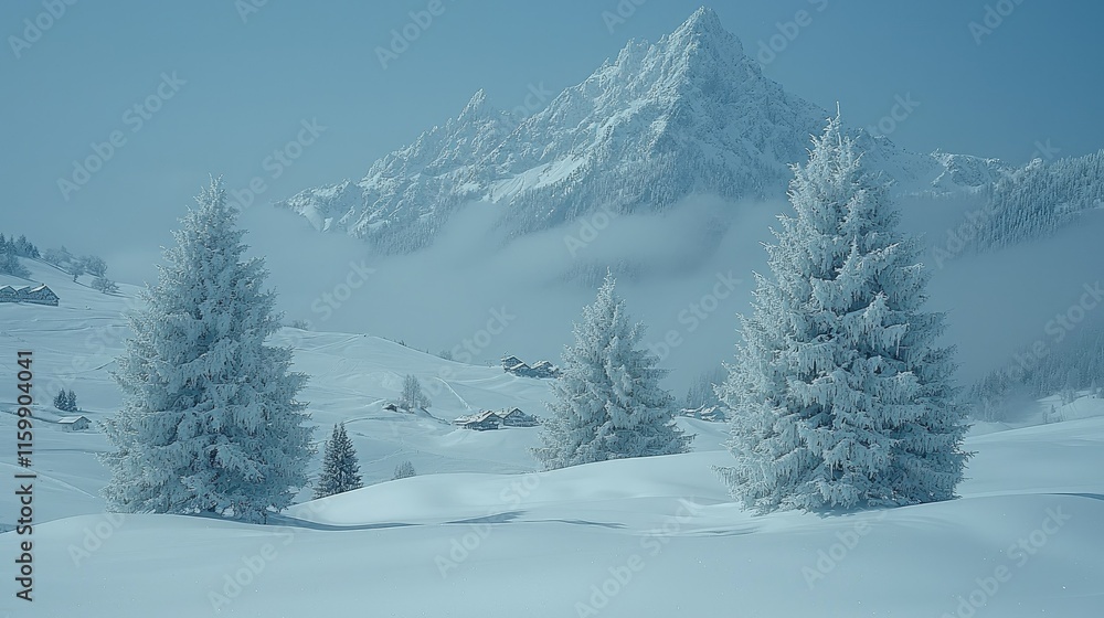 Serene winter landscape with snow-covered trees and majestic mountains in the background. Serene winter landscape with snow-covered trees and majestic mountains in the background.
