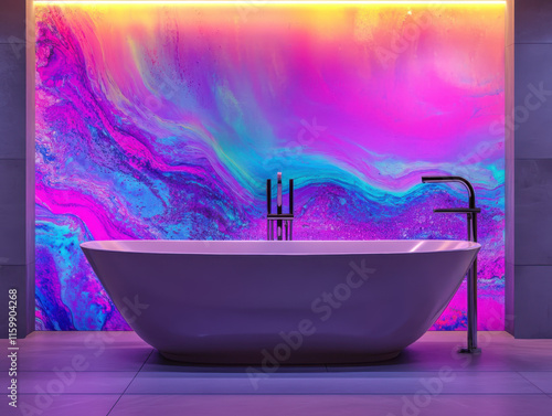 Modern bathroom with vibrant purple and blue abstract art wall behind a free-standing bathtub. photo