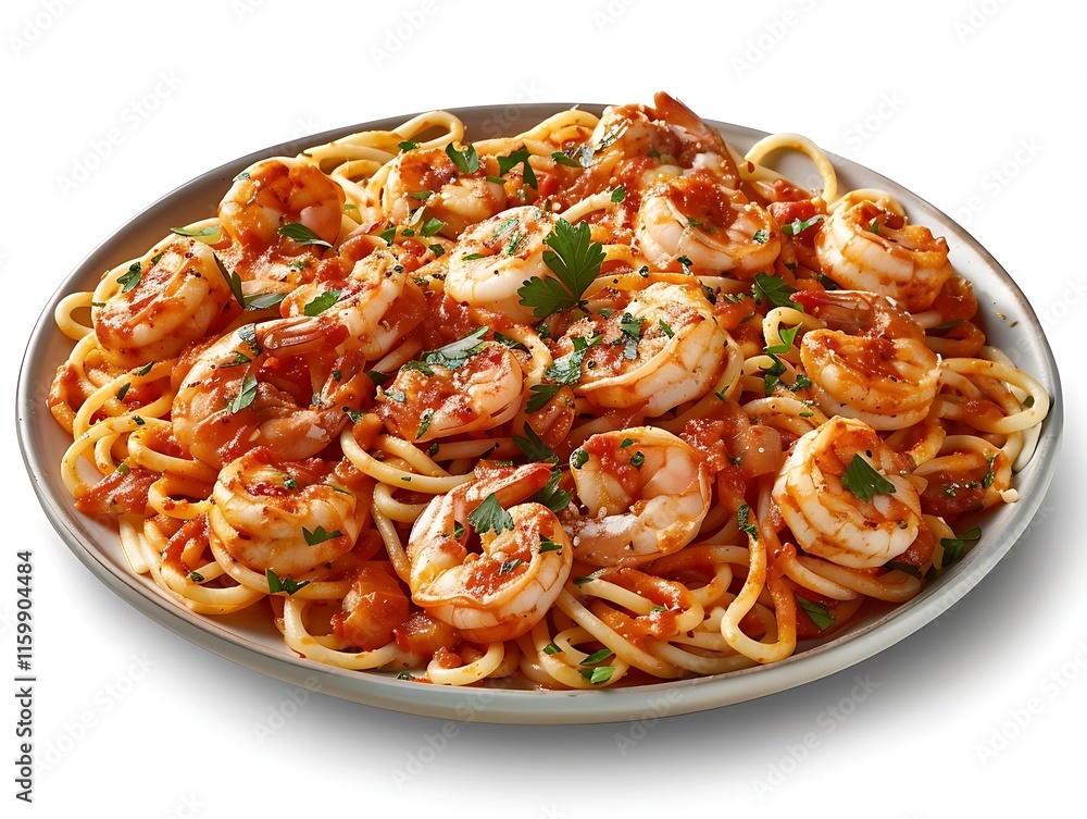 Plate of spaghetti with shrimp in a tomato sauce, garnished with parsley. Plate of spaghetti with shrimp in a tomato sauce, garnished with parsley.