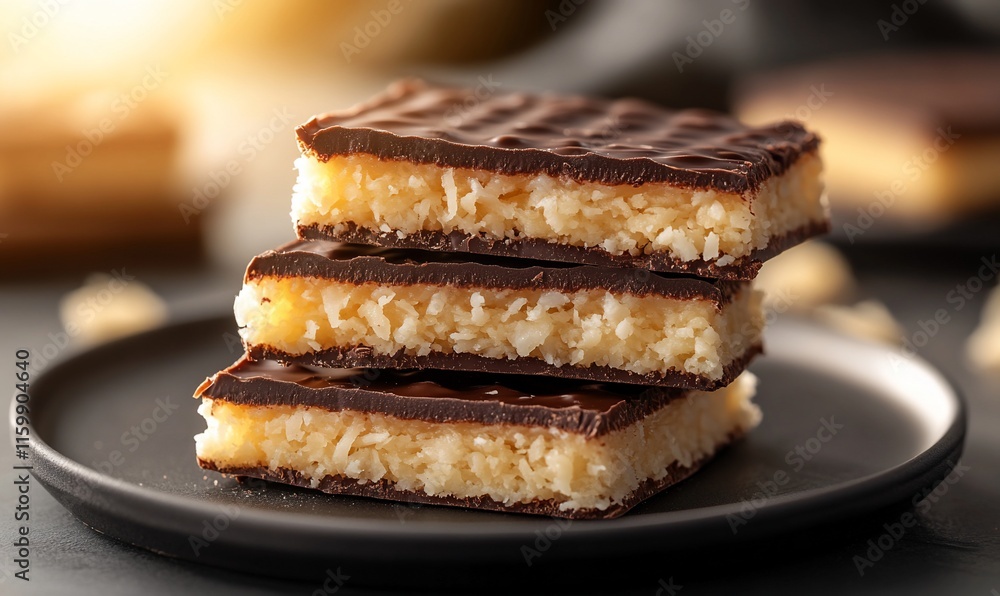 Three coconut chocolate squares stacked on a dark plate. Three coconut chocolate squares stacked on a dark plate.