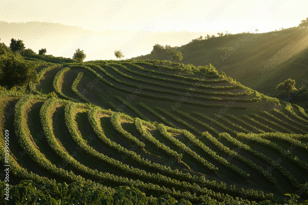 Fototapeta premium Sun-drenched terraced hillside vineyard at sunrise. Lush green rows stretch across the landscape.
