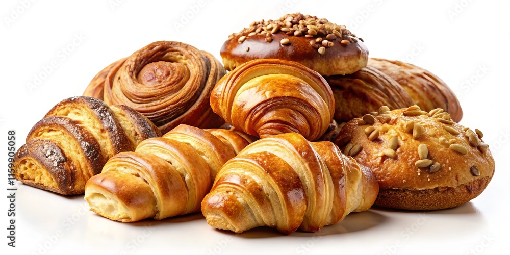 Delicious Fresh Croissant and Pastry: Medium Shot Isolated on White Delicious Fresh Croissant and Pastry: Medium Shot Isolated on White