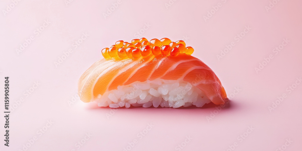 Salmon nigiri with orange fish eggs on a pink background. A delicious piece of sushi, perfect for a culinary image. Salmon nigiri with orange fish eggs on a pink background. A delicious piece of sushi, perfect for a culinary image.
