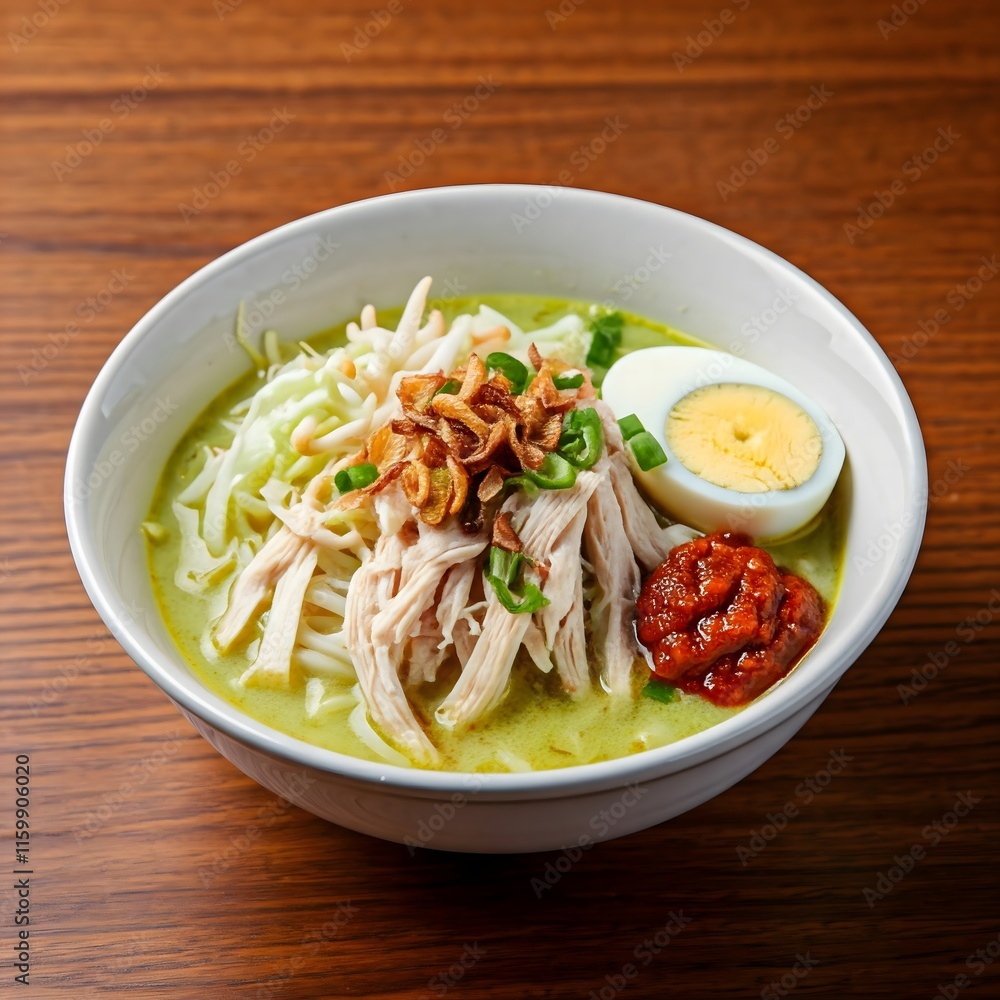Soto Ayam is an Indonesian chicken soup made with turmeric broth, shredded chicken, noodles, and toppings like boiled eggs, lime, and fried shallots, often served with rice Soto Ayam is an Indonesian chicken soup made with turmeric broth, shredded chicken, noodles, and toppings like boiled eggs, lime, and fried shallots, often served with rice