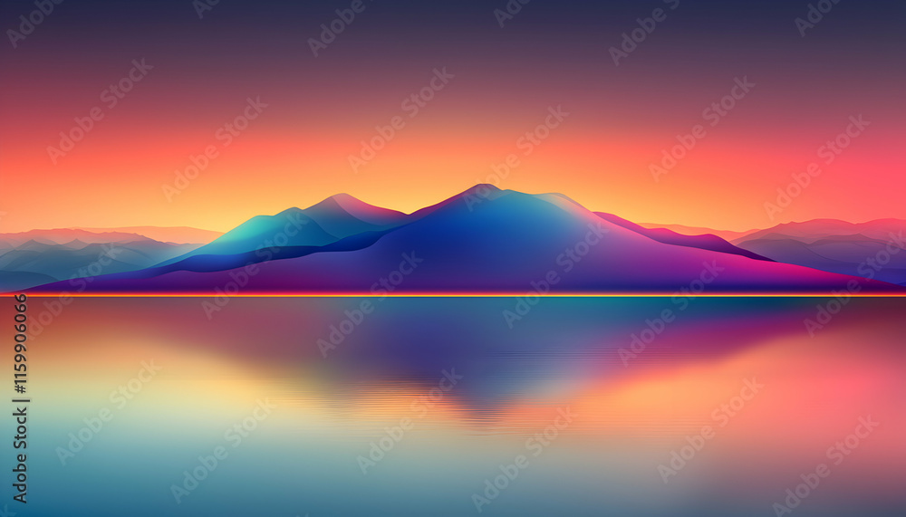 Vibrant sunset over tranquil lake reflecting colorful mountains; digital art, gradient landscape. Vibrant sunset over tranquil lake reflecting colorful mountains; digital art, gradient landscape.