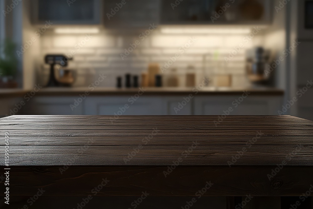 Dark wooden table in blurred kitchen background. (1) Dark wooden table in blurred kitchen background. (1)