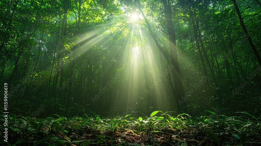 Naklejka premium Sunlight streams through a dense forest, illuminating lush greenery and creating a serene atmosphere.