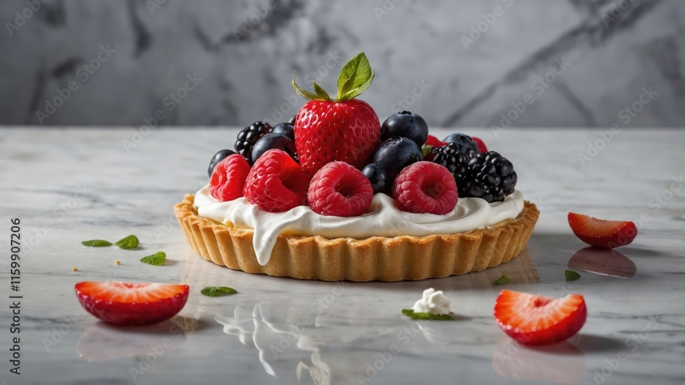 A delicious fruit tart topped with various berries and cream, set on a marble surface. A delicious fruit tart topped with various berries and cream, set on a marble surface.