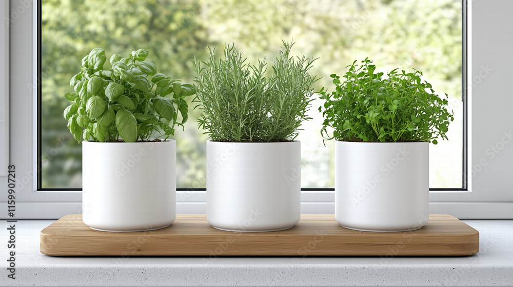Fresh herbs in white pots on wooden tray by sunny window Generative Ai Fresh herbs in white pots on wooden tray by sunny window Generative Ai