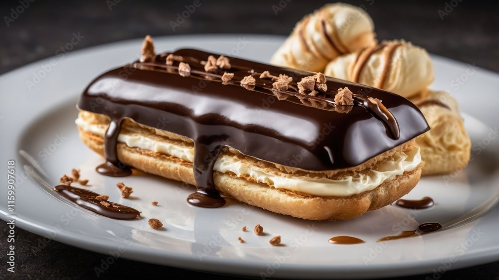 A delicious dessert featuring a chocolate-covered pastry and cream-filled sweets. A delicious dessert featuring a chocolate-covered pastry and cream-filled sweets.