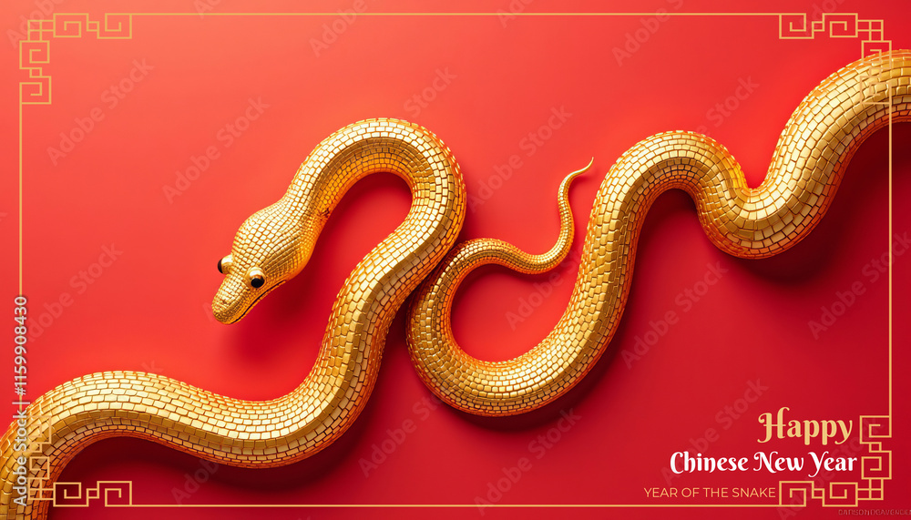 Golden snake slithering on red background celebrating chinese new year 2025, year of the snake Golden snake slithering on red background celebrating chinese new year 2025, year of the snake