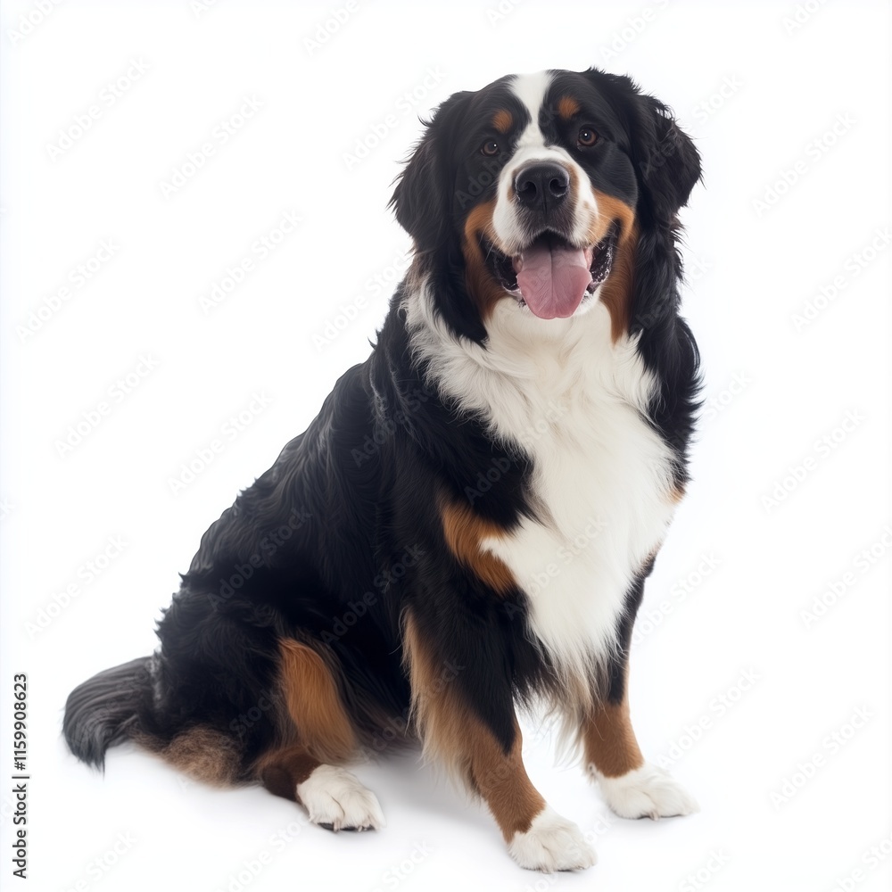 Bernese mountain dog sitting on white background with happy expression Bernese mountain dog sitting on white background with happy expression