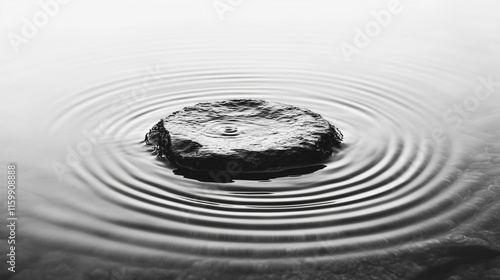 Ein glatter Stein im Wasser, umgeben von konzentrischen Kreisen in Schwarz-Weiß. photo