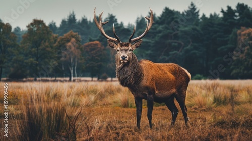 Majestic stag stands in a grassy field with trees.