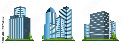 Modern Building Illustration Set featuring various architectural designs. 