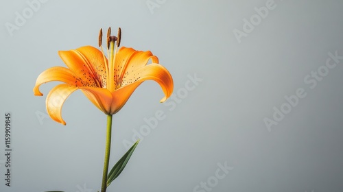 A bold orange lily against a muted grayish blue background, close-up shot, Minimalist style