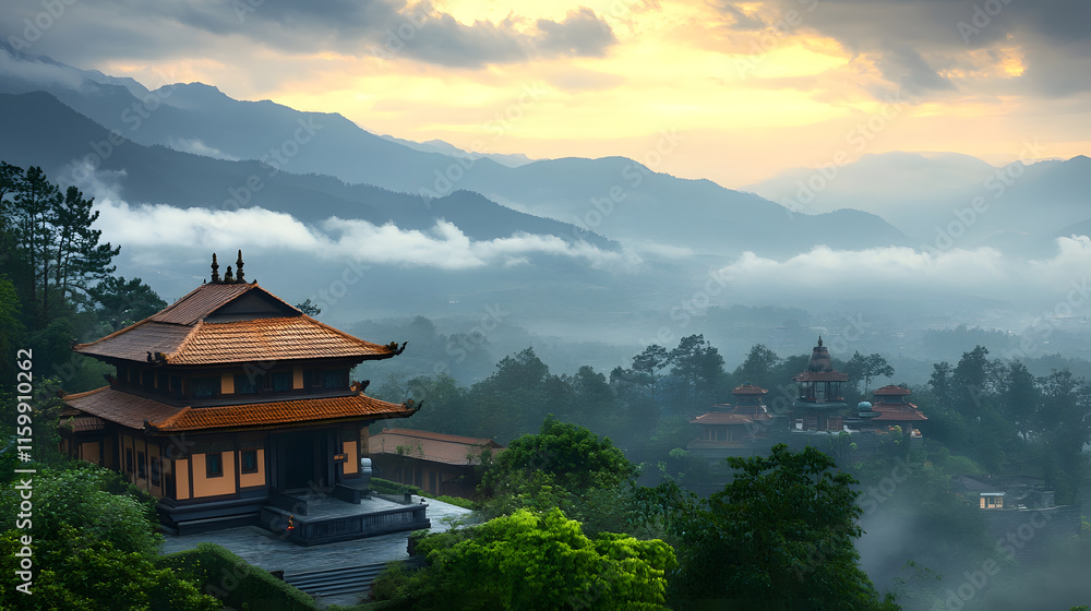 Obraz premium Serene Mountain Temple Landscape at Sunrise in Asian Countryside : Generative AI
