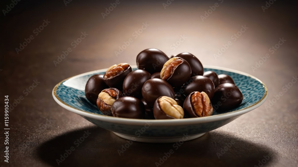 A bowl of chocolate-covered nuts, showcasing a delicious treat for snacking or sharing. A bowl of chocolate-covered nuts, showcasing a delicious treat for snacking or sharing.