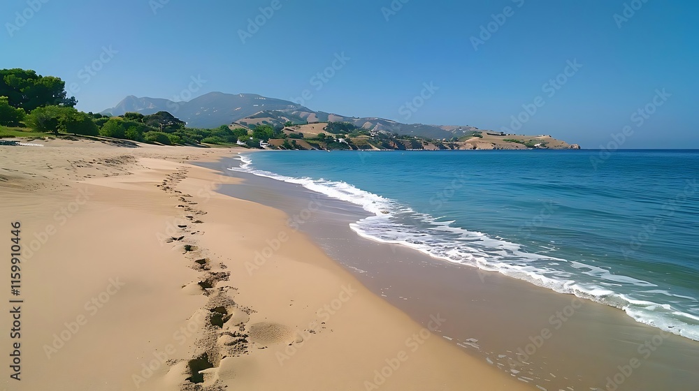 Secluded beach with footprints in the sand, clear turquoise water, and mountains in the background under a sunny sky. Secluded beach with footprints in the sand, clear turquoise water, and mountains in the background under a sunny sky.