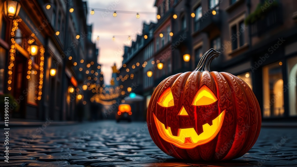 Fototapeta premium Spooky Carved Jack-O'-Lantern on Cobblestone Street