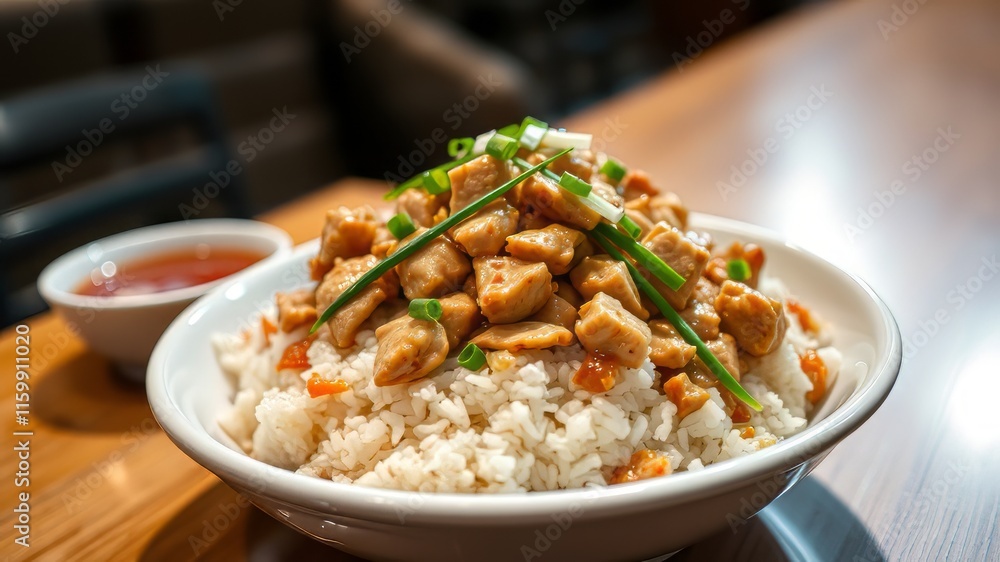 Steamed Rice with Chicken, Spring Onions, and Sauce - Delicious Asian Dish Steamed Rice with Chicken, Spring Onions, and Sauce - Delicious Asian Dish