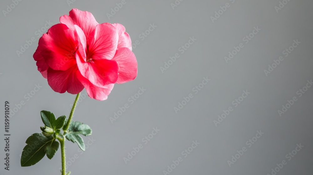 A bright pink geranium against a cool gray background, off-center shot, Minimalist style A bright pink geranium against a cool gray background, off-center shot, Minimalist style