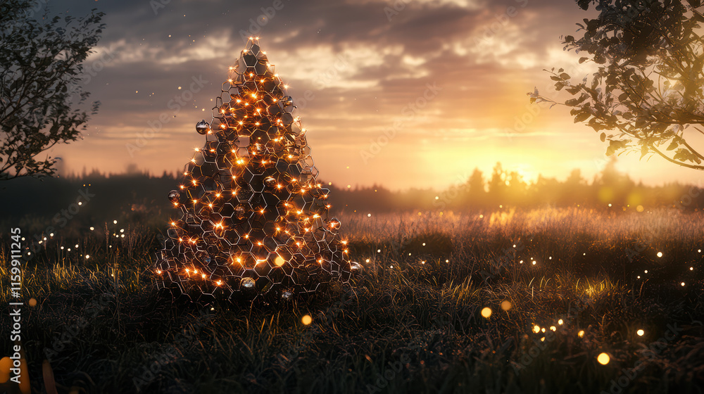honeycomb Christmas tree adorned with twinkling lights stands in serene landscape at sunset, creating magical and festive atmosphere honeycomb Christmas tree adorned with twinkling lights stands in serene landscape at sunset, creating magical and festive atmosphere