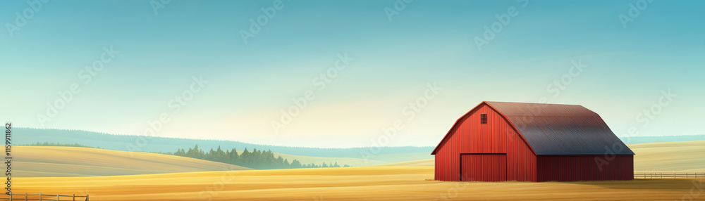 Red barn on expansive farmland with clear skies. Perfect countryside landscape highlighting rural charm and agricultural tranquility. Red barn on expansive farmland with clear skies. Perfect countryside landscape highlighting rural charm and agricultural tranquility.