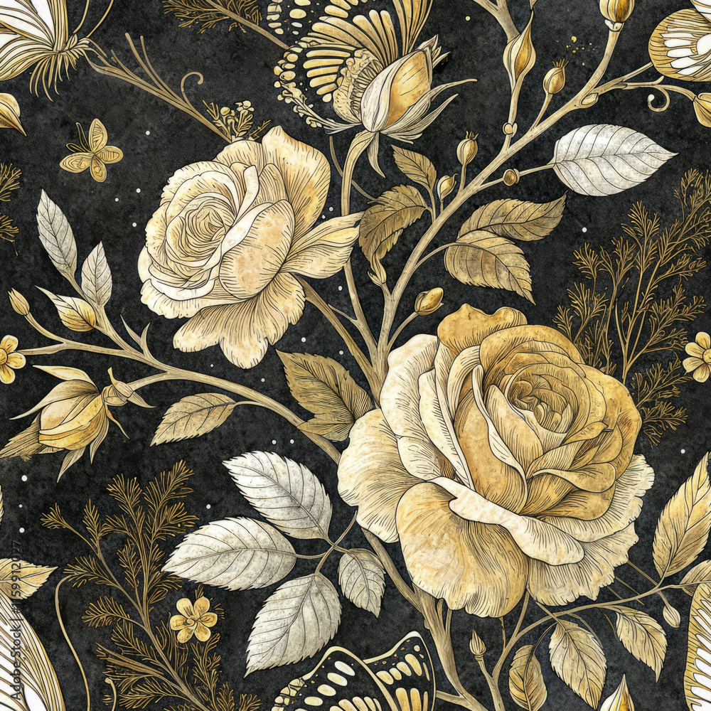 custom made wallpaper toronto digitalGolden Rose Floral Seamless Pattern, Fabric texture and Textile pattern on Black Background