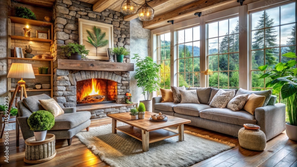 Cozy Scandinavian Living Room with Stone Fireplace and Large Windows - Relaxing Hygge Interior Design Concept Cozy Scandinavian Living Room with Stone Fireplace and Large Windows - Relaxing Hygge Interior Design Concept