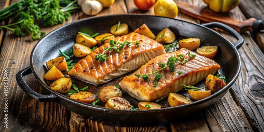 Delicious Grilled Salmon and Crispy Potatoes in a Cast Iron Frying Pan for Culinary Enthusiasts and Food Lovers Delicious Grilled Salmon and Crispy Potatoes in a Cast Iron Frying Pan for Culinary Enthusiasts and Food Lovers