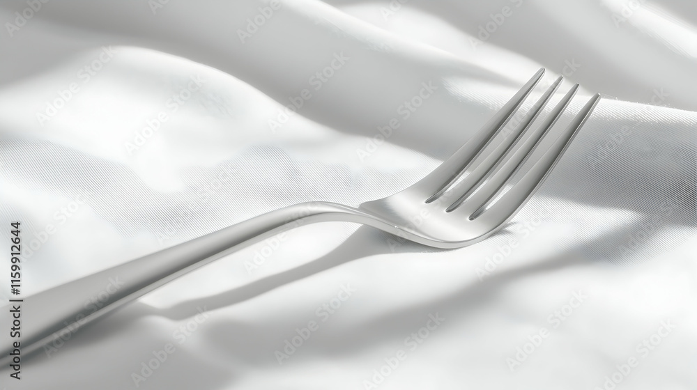 Elegant silver fork rests on crisp white fabric; minimalist, clean aesthetic; perfect for food, restaurant, or culinary themed projects. Elegant silver fork rests on crisp white fabric; minimalist, clean aesthetic; perfect for food, restaurant, or culinary themed projects.