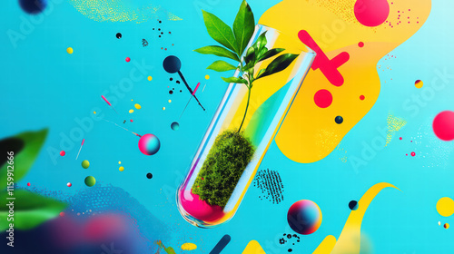 vibrant image of test tube containing moss sapling, surrounded by colorful abstract shapes and patterns, symbolizing growth and creativity