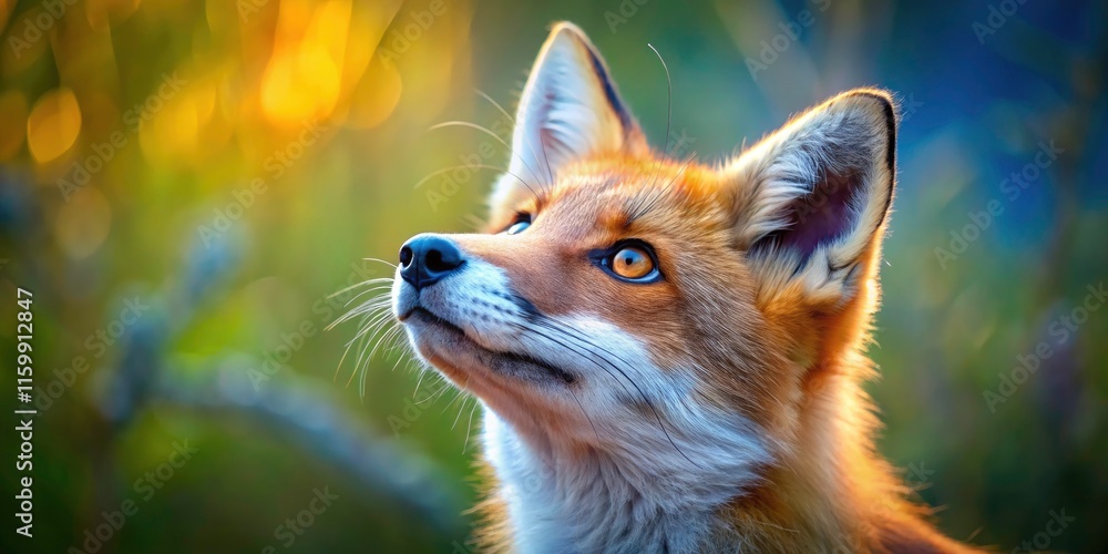 Naklejka premium Enchanting Side View of a Two-Year-Old Red Fox Gazing Upward in Isolation, Capturing the Beauty of Nature and Wildlife Photography