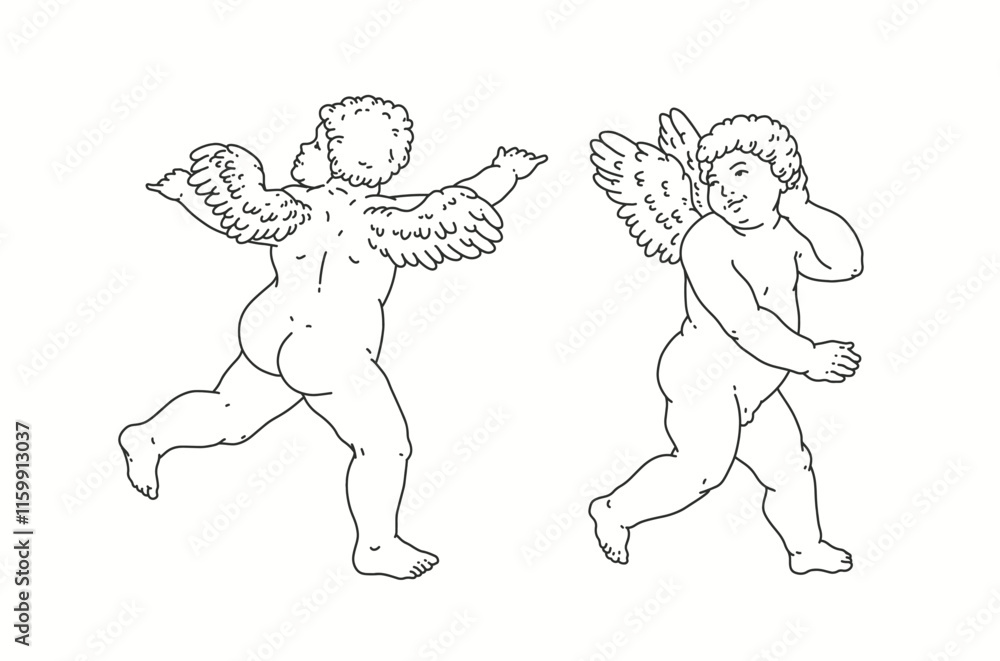 Cherub outlines and line art for Valentine's Day with cupid vector. Vector symbol of love and romantic. Antique Angel Baby Cupid illustration for printing on cards, invitations, tattoo, clothing art Cherub outlines and line art for Valentine's Day with cupid vector. Vector symbol of love and romantic. Antique Angel Baby Cupid illustration for printing on cards, invitations, tattoo, clothing art