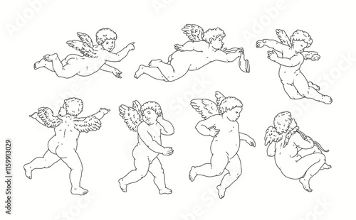 Cherub outlines and line art for Valentine's Day with cupid vector. Vector symbol of love and romantic. Antique Angel Baby Cupid illustration for printing on cards, invitations, tattoo, clothing art