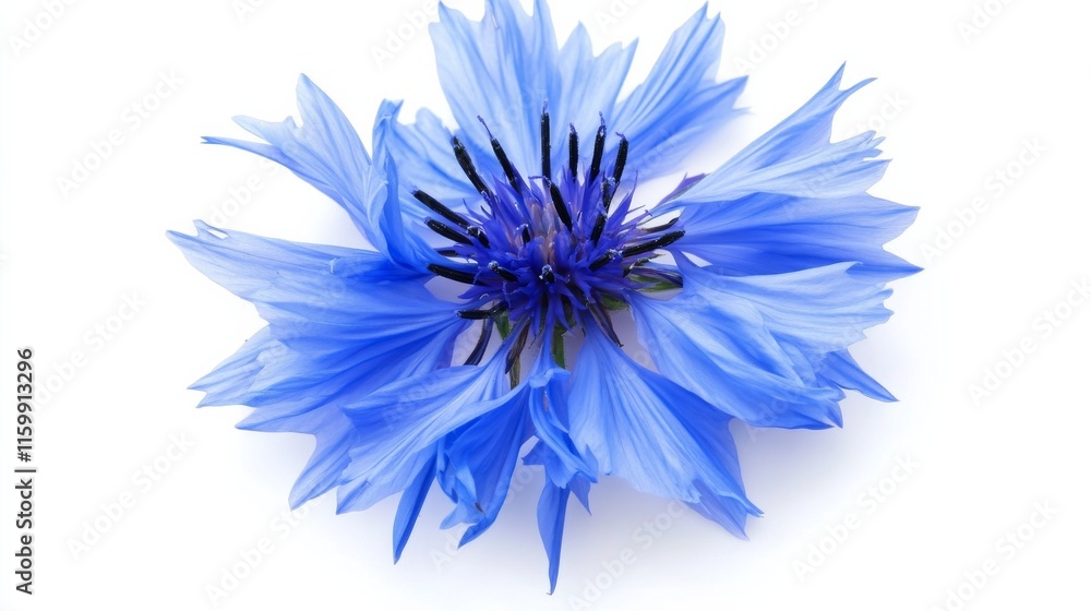 Obraz premium A close-up of a bright blue cornflower with its delicate, fringed petals and bold color, isolated white background